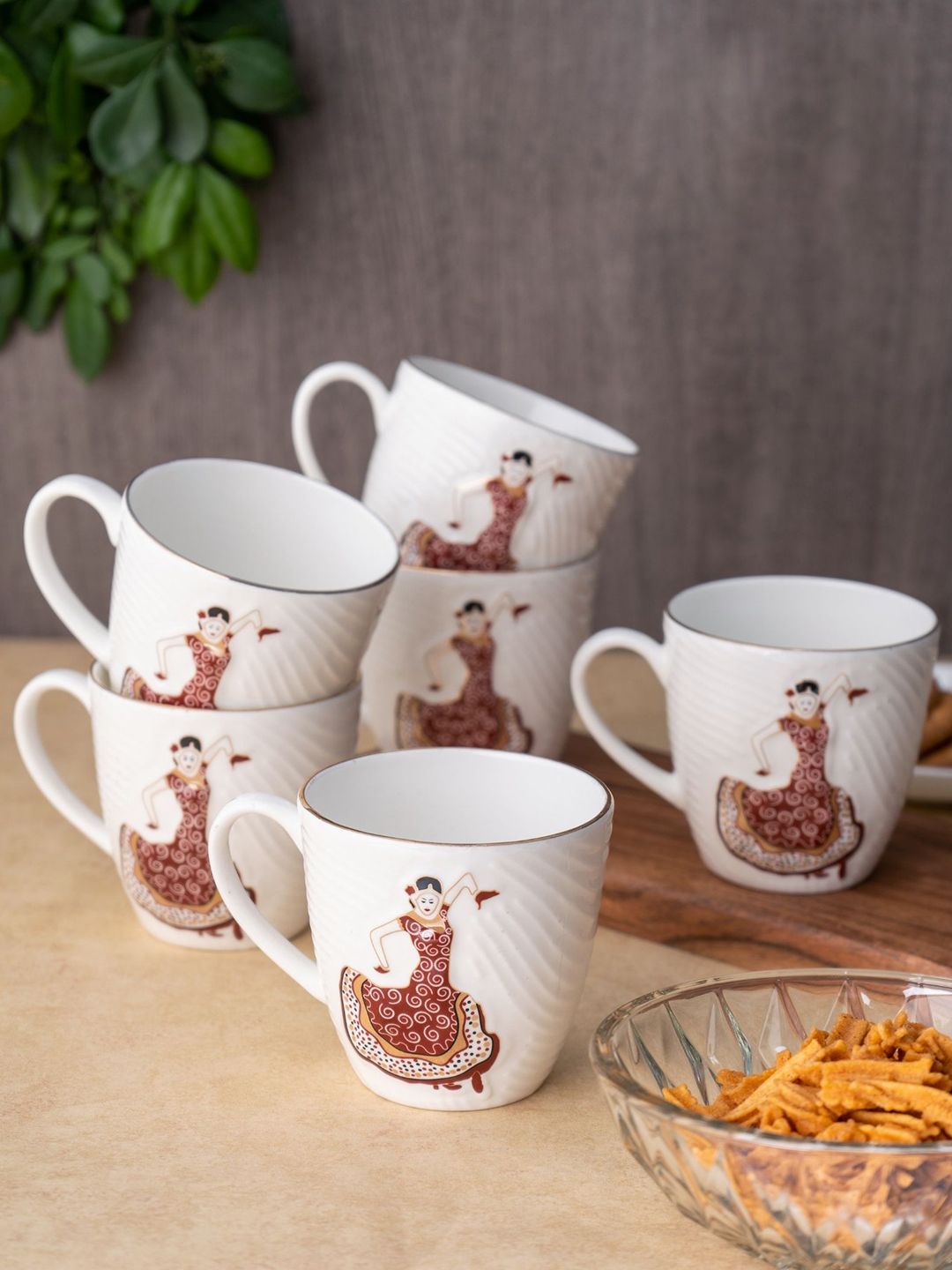 CLAY CRAFT Gaurav Name Personalised White Ethnic Motifs Ceramic Handmade 6 Piece Cups-180ml