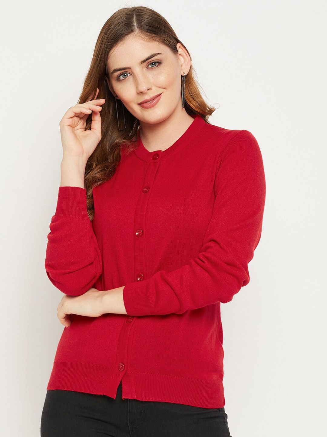 Zigo Women Red Solid Wool Cardigan Sweater