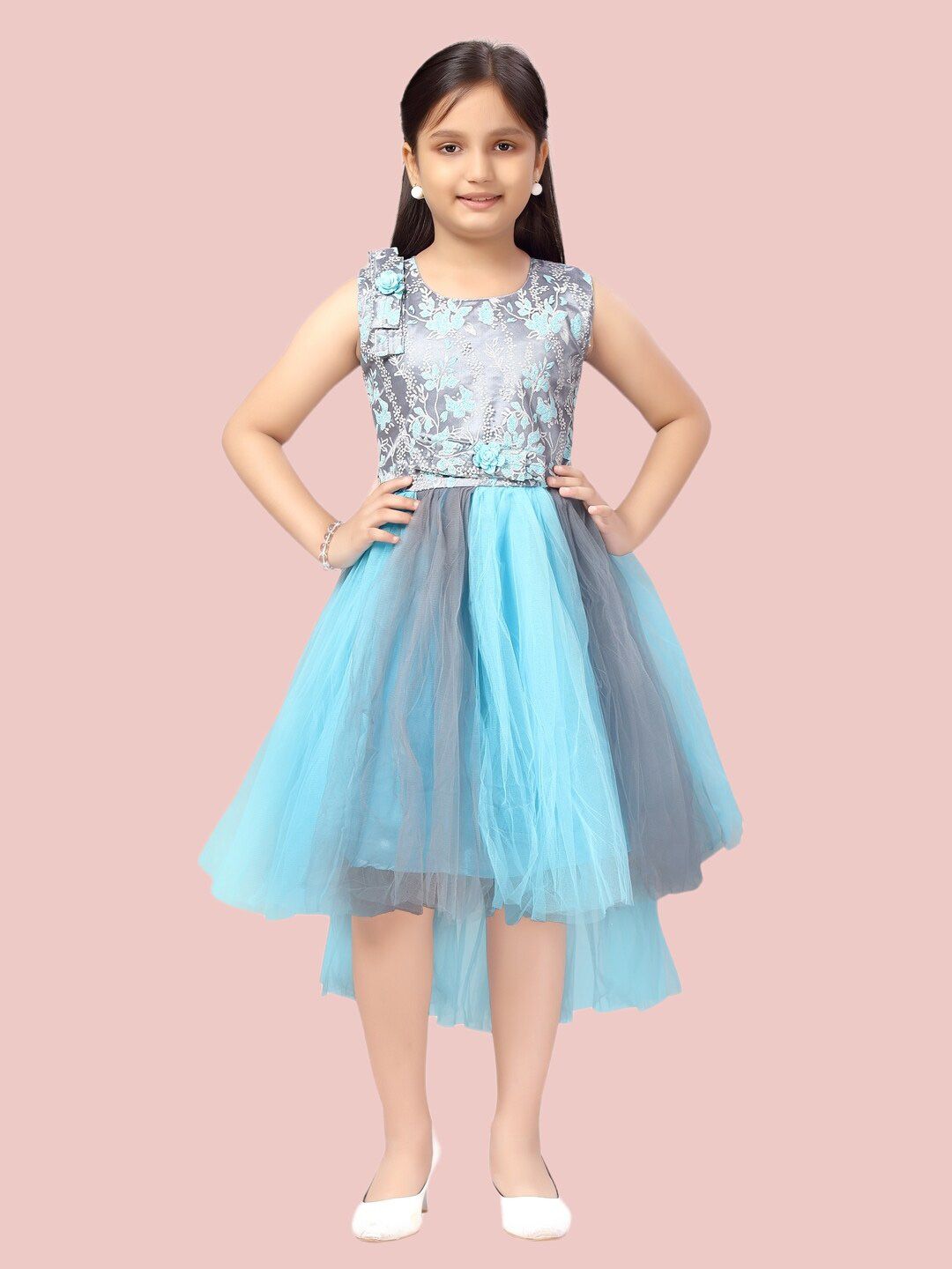Aarika Turquoise Blue & Grey Floral Embroidered Net Dress