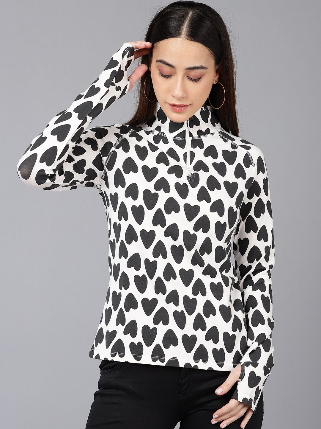 SHARKTRIBE Women White & Black Printed High Neck Monochrome Slim Fit Cotton T-shirt