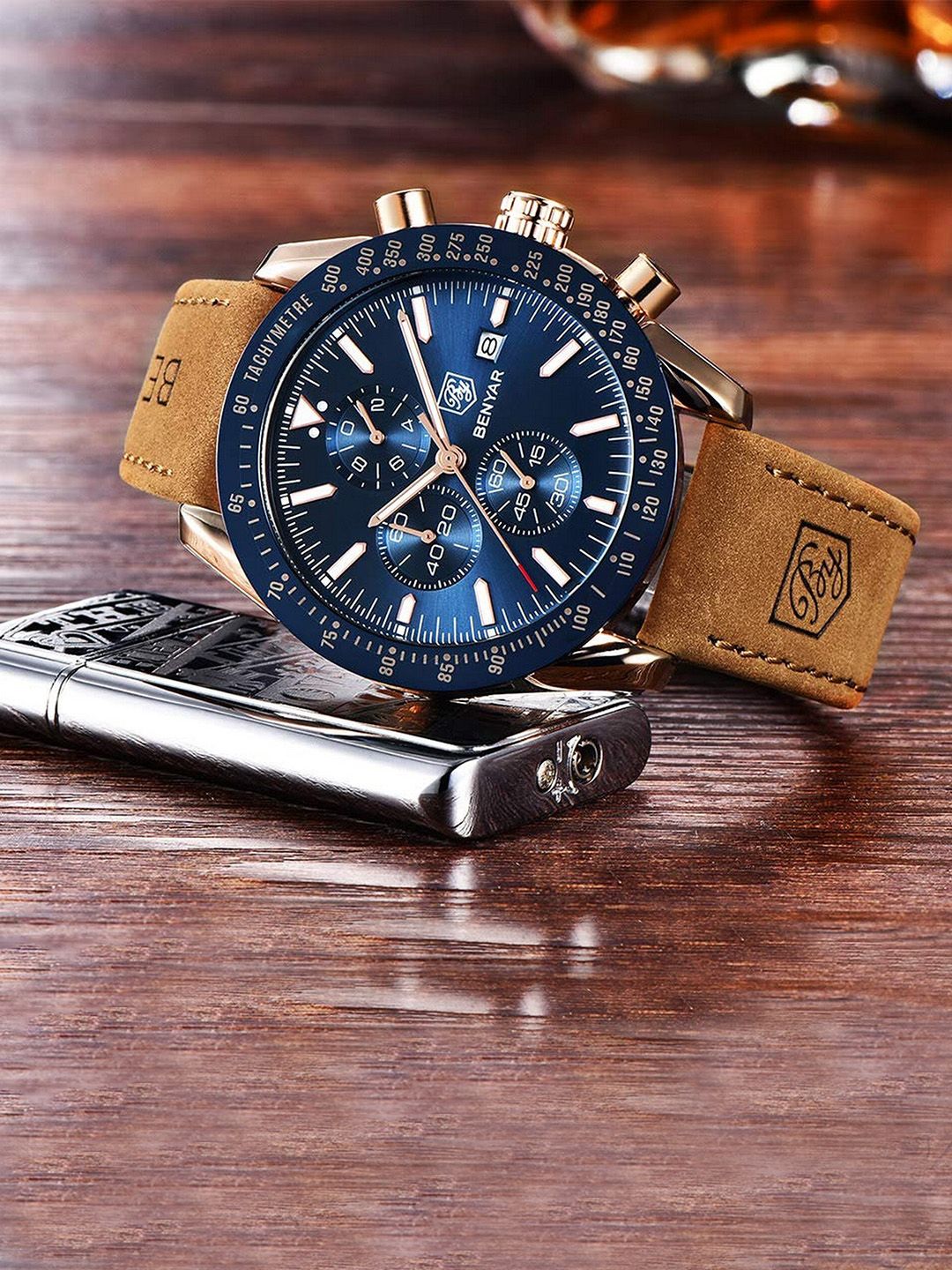 BENYAR Men Blue Embellished Dial & Brown Leather Bracelet Style Straps Analogue Chronograph Watch