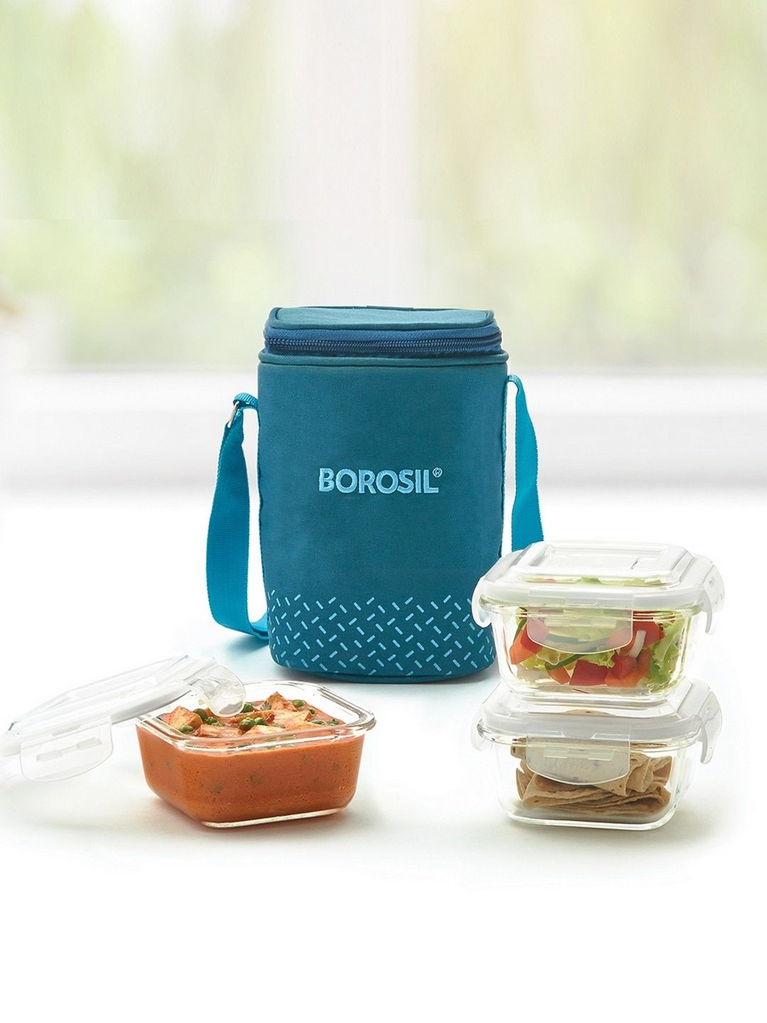 Borosil Klip-N-Store Teal Set of 3 Klip-N-Store Glass Lunch Box With Bag 320 ml each