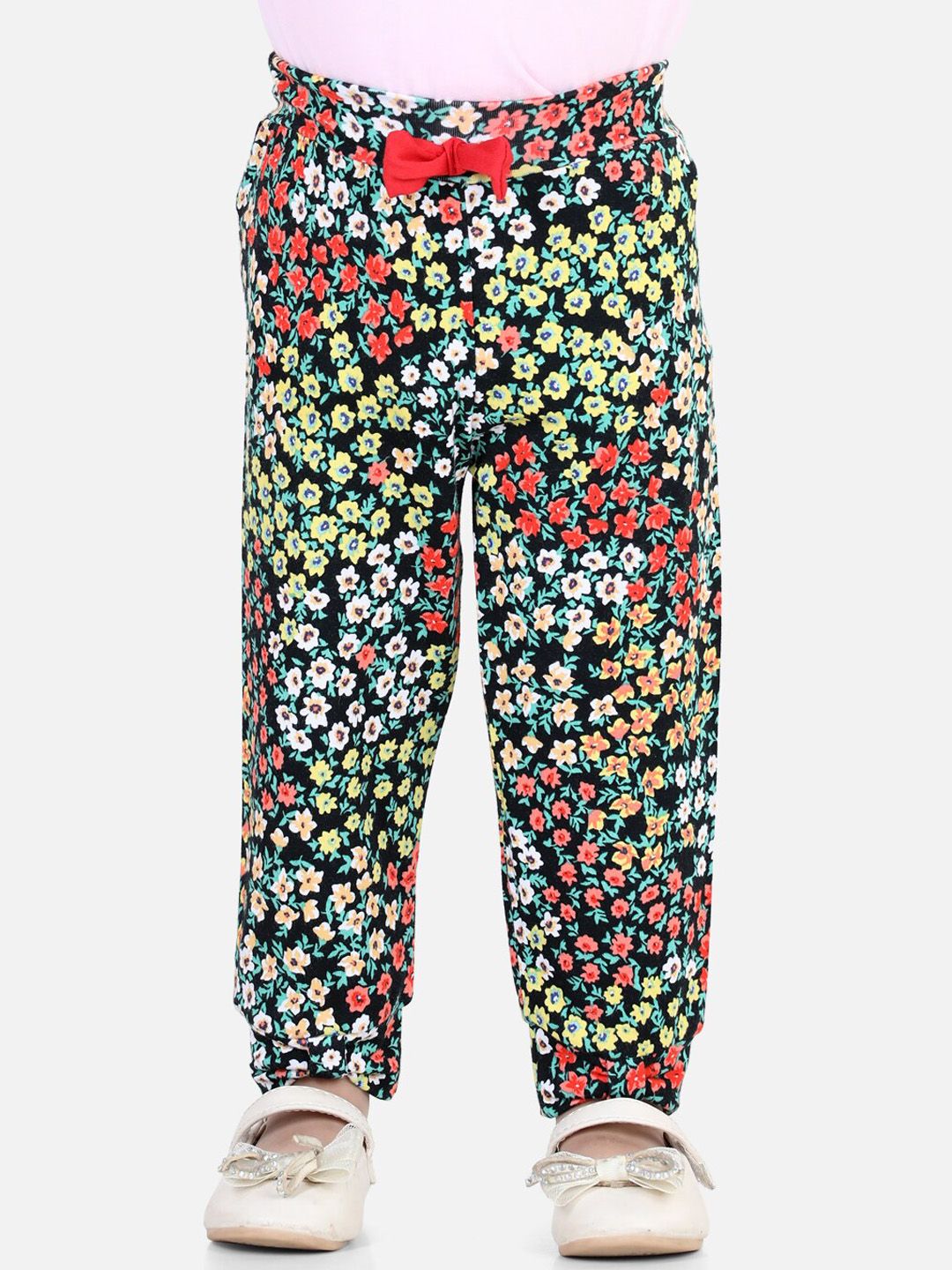 BownBee Girls Black & Red Floral Printed Cotton Joggers