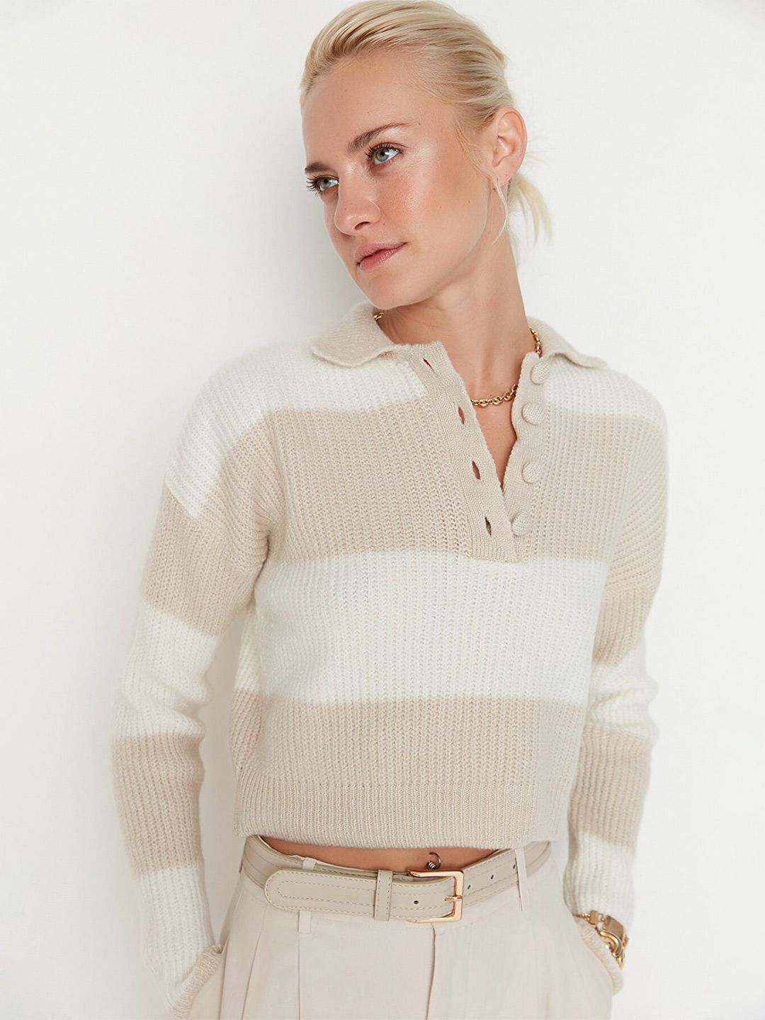 Trendyol Women Beige & Off White Striped Acrylic Pullover