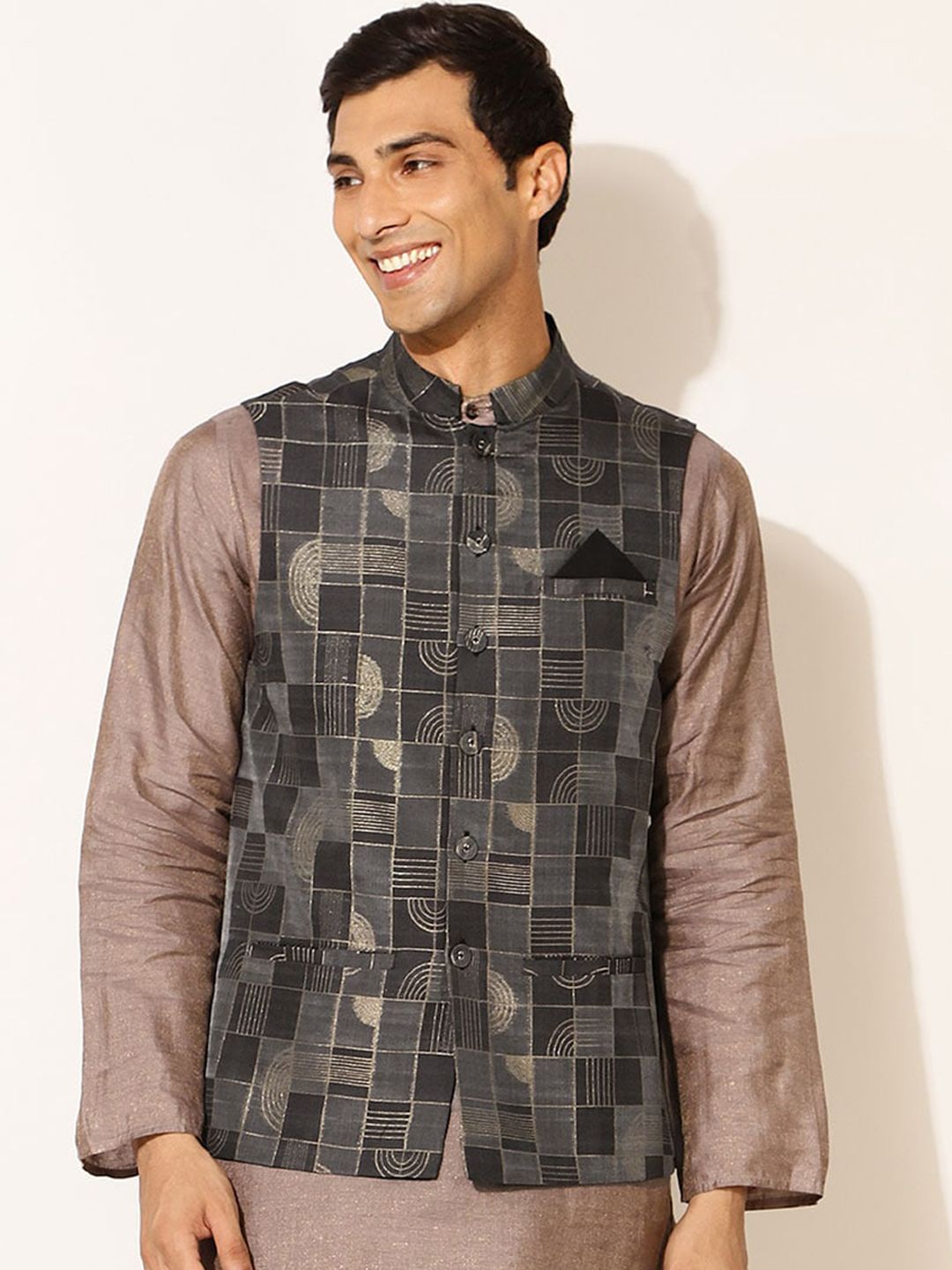 Fabindia Men Black Woven Design Nehru Jacket