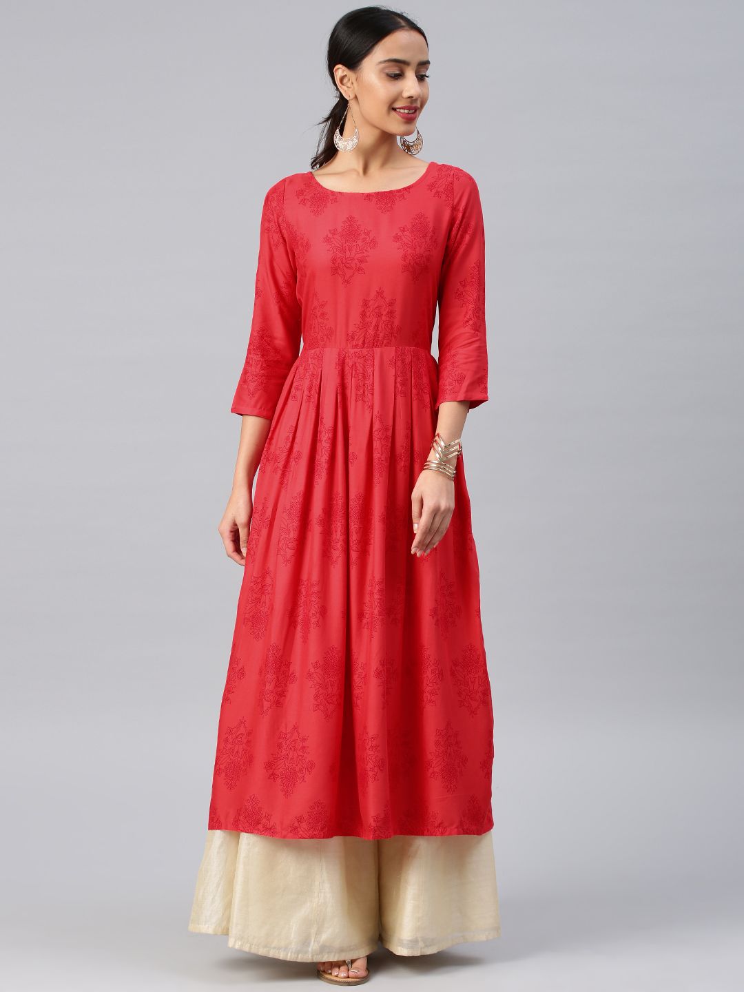 Vishudh Women Coral Red Floral Print Anarkali Kurta
