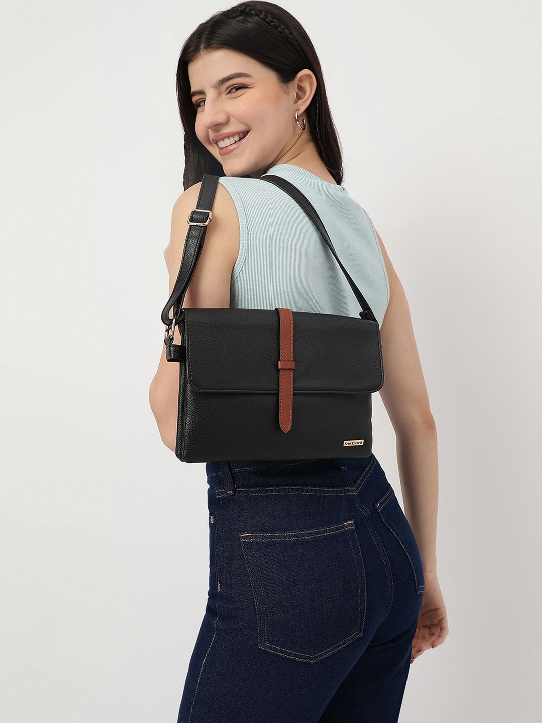 Fastrack Black PU Structured Sling Bag