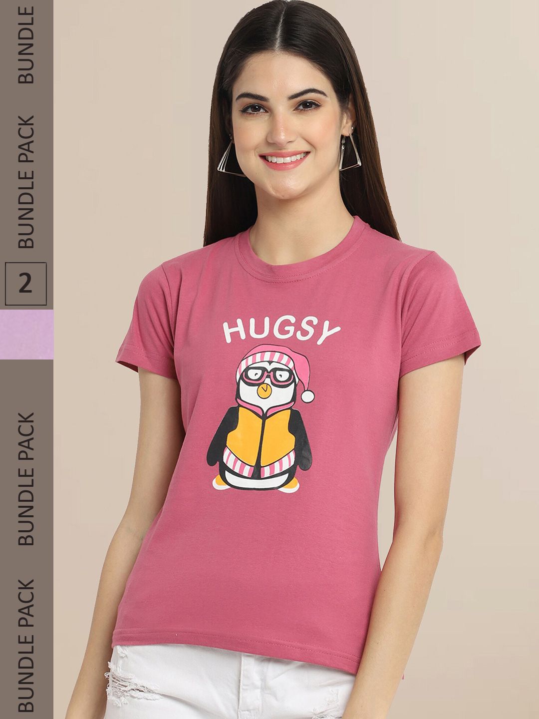 Fabflee Women Pink & White Set Of 2 Cotton  Printed T-shirt