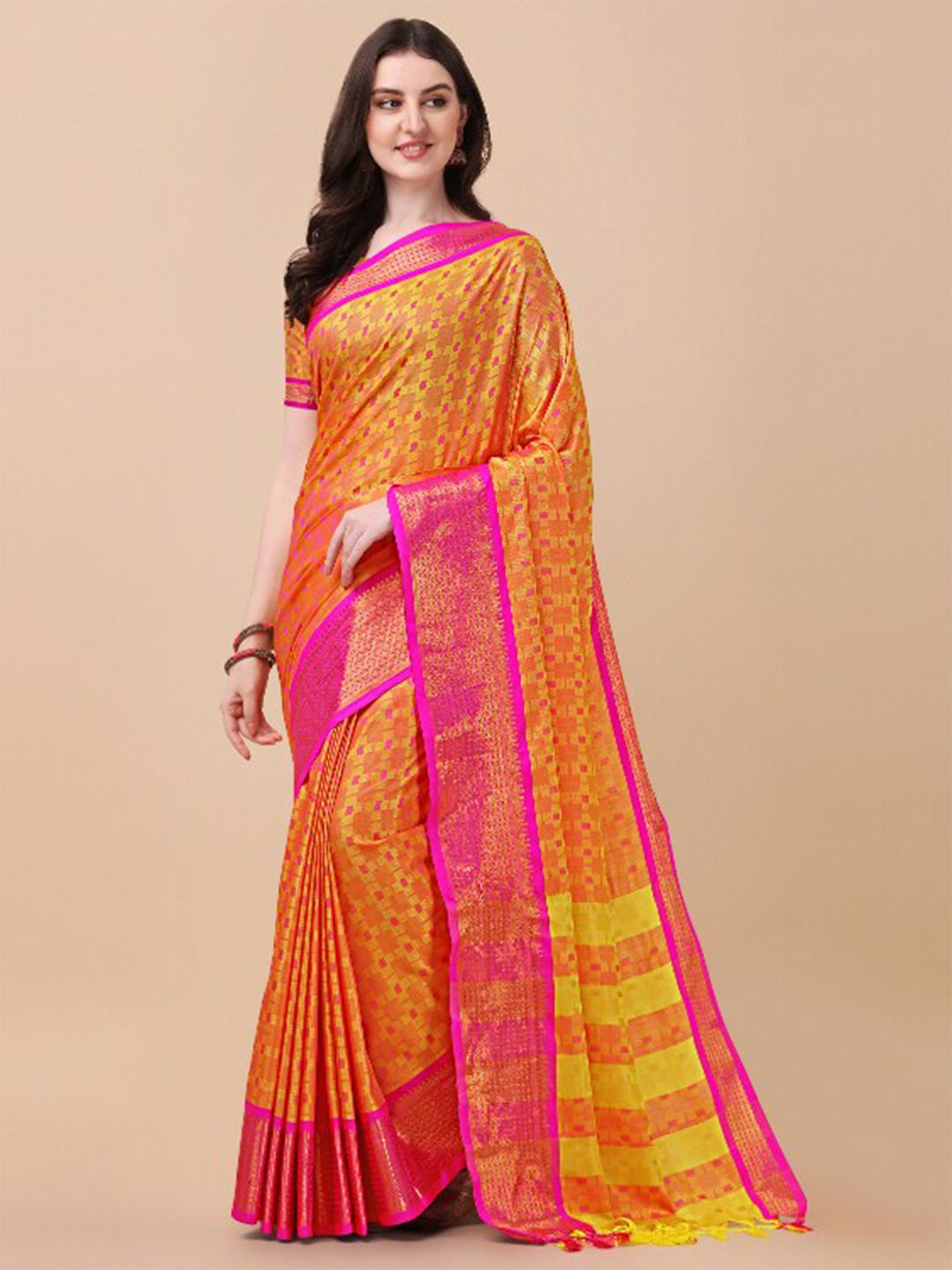 awesome  Gold-Toned & Pink Woven Design Zari Ikat Saree