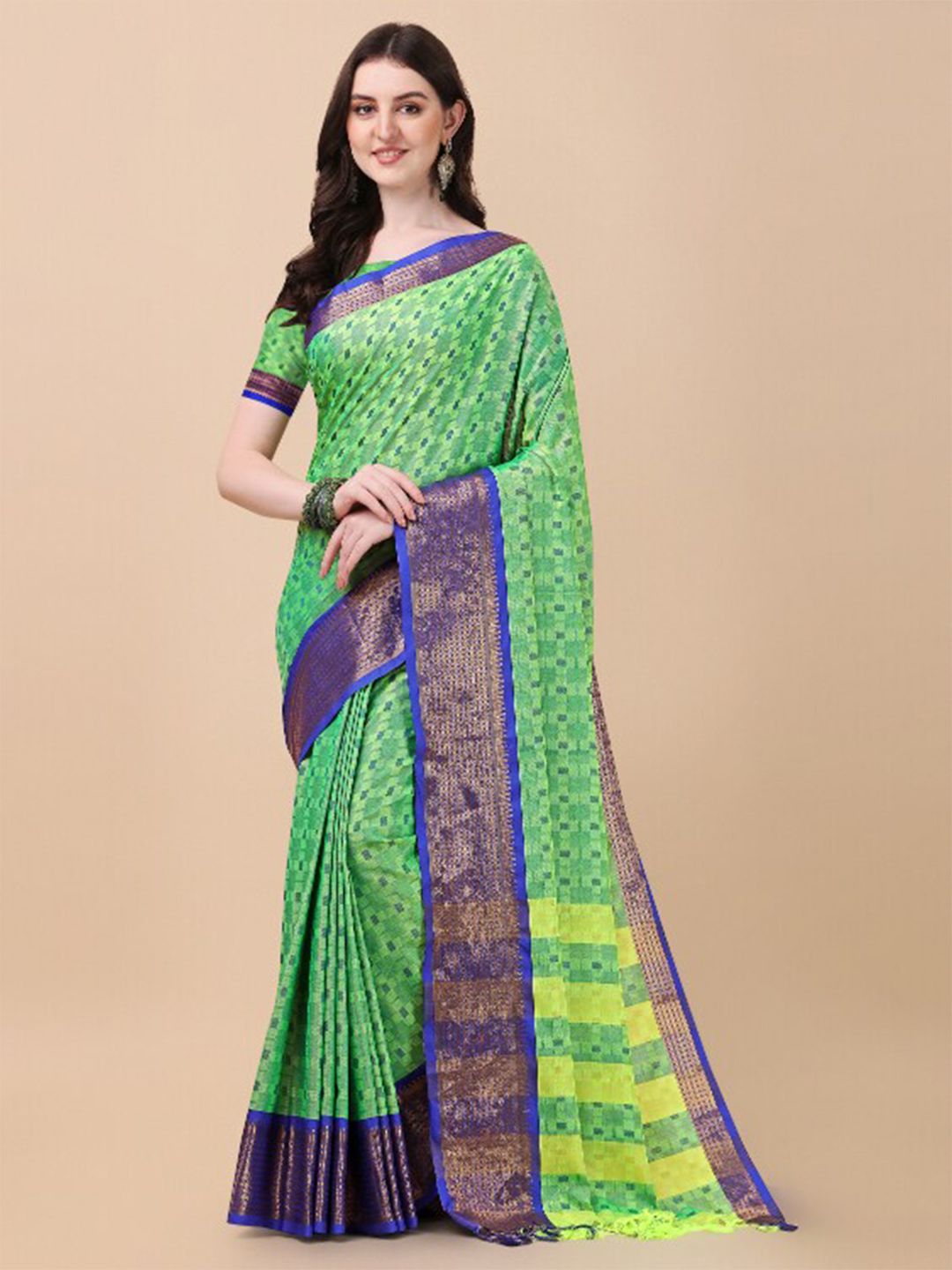 awesome  Fluorescent Green & Gold-Toned Woven Design Zari Ikat Saree