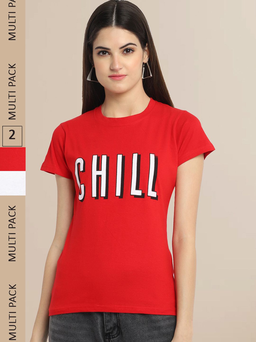 Fabflee Women Red & White Pack of 2 Typography  Printed Cotton T-shirts