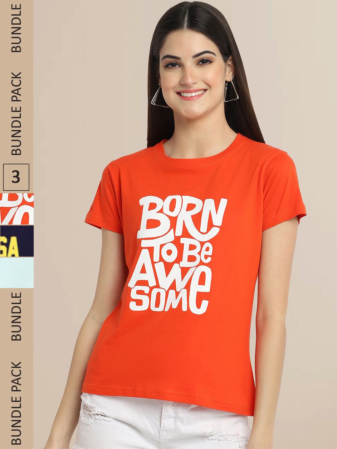 Fabflee Women Orange & Navy Blue Pack of 3 Graphic Printed Cotton T-shirt