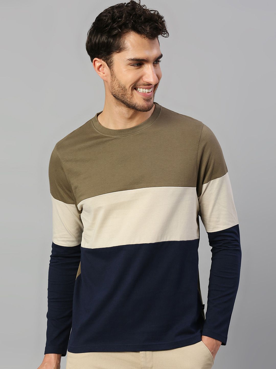 Dennis Lingo Men Olive Green & Beige Colourblocked Pure Cotton T-shirt