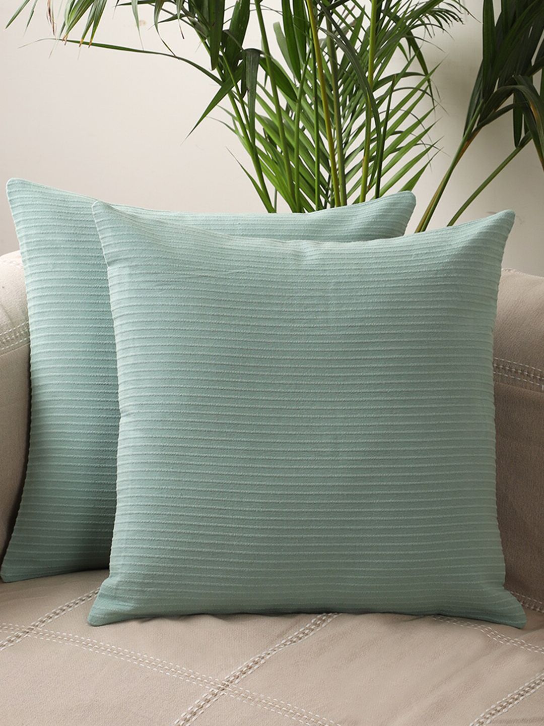 Jamio Firati Sea Green Set of 2 Striped Pure Cotton Square Cushion Covers
