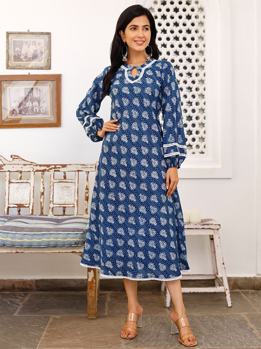 Ambraee Blue Ethnic Motifs Keyhole Neck A-Line Midi Dress