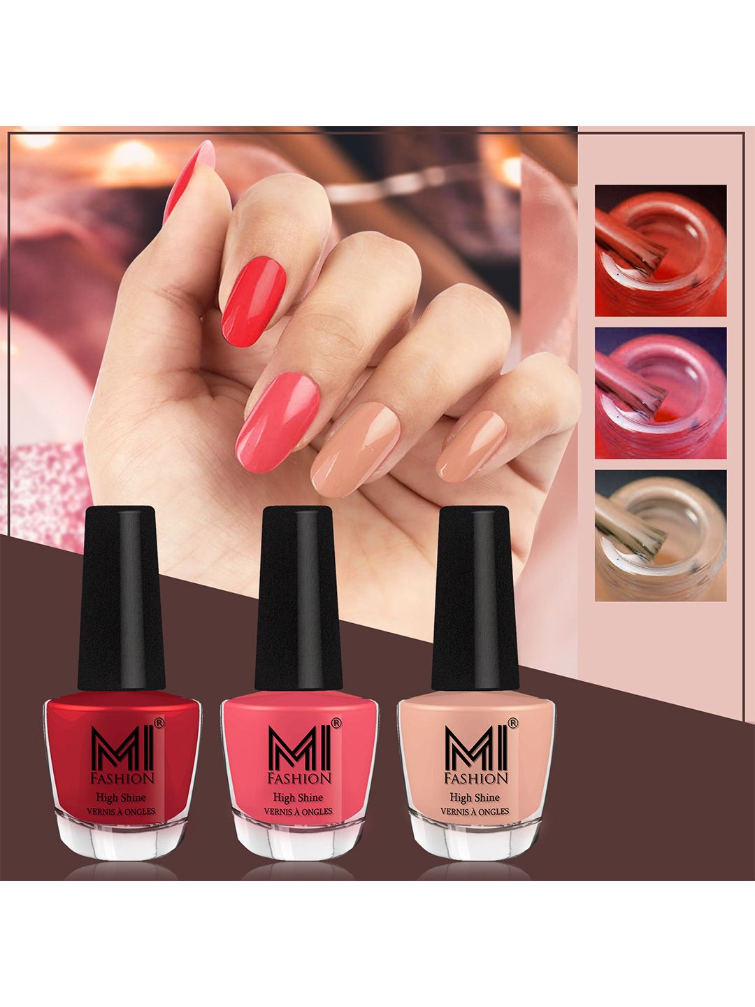 MI FASHION Vernis A Ongles Bang On Shine Pack Of 3 Nail Polish 12ml each - Reddish Maroon, Peach Crush, Sweet Nude