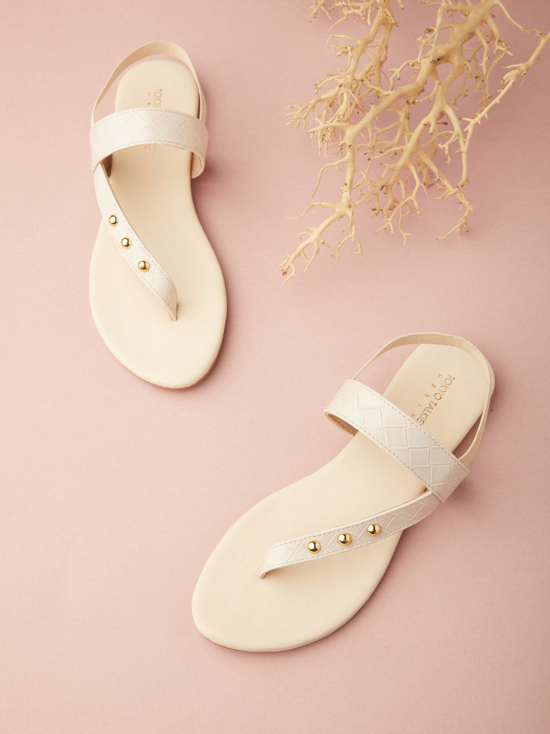 Tokyo Talkies Women Cream-Coloured Embellished Open Toe Flats
