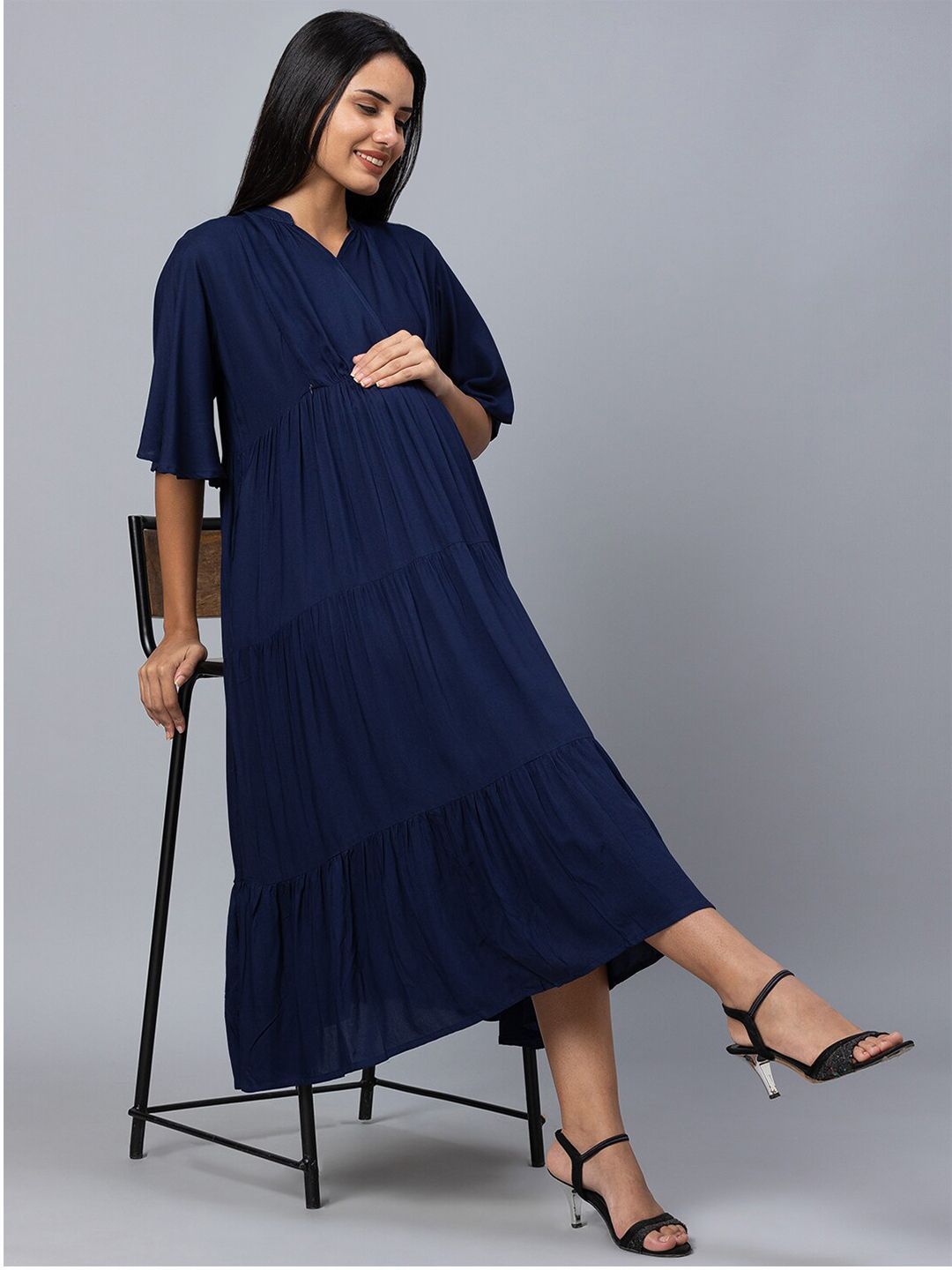 AV2 Navy Blue Maternity A-Line Midi Dress