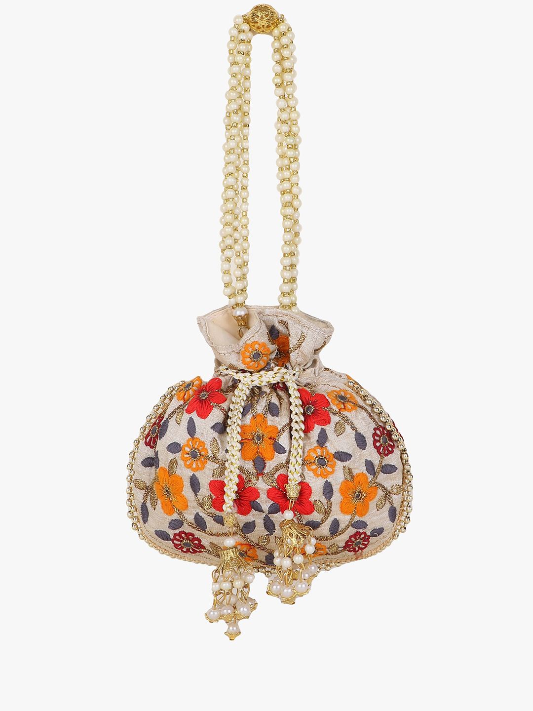 Anekaant Girls Cream-Coloured & White Embroidered Tasselled Potli Clutch