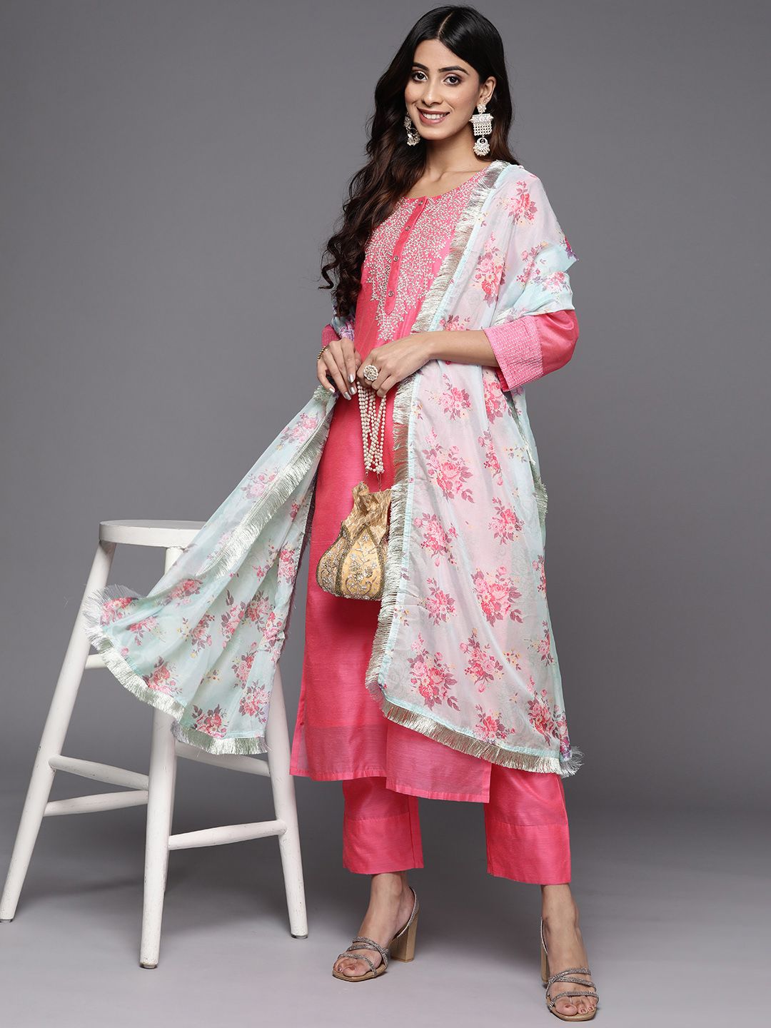 Varanga Pink & Green Yoke Design Chanderi Silk Kurta with Trousers & With Dupatta