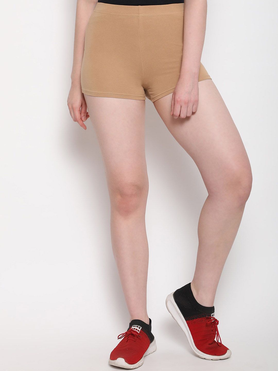 Outflits Women Beige Skinny Fit High-Rise Cycling Hot Pants Shorts