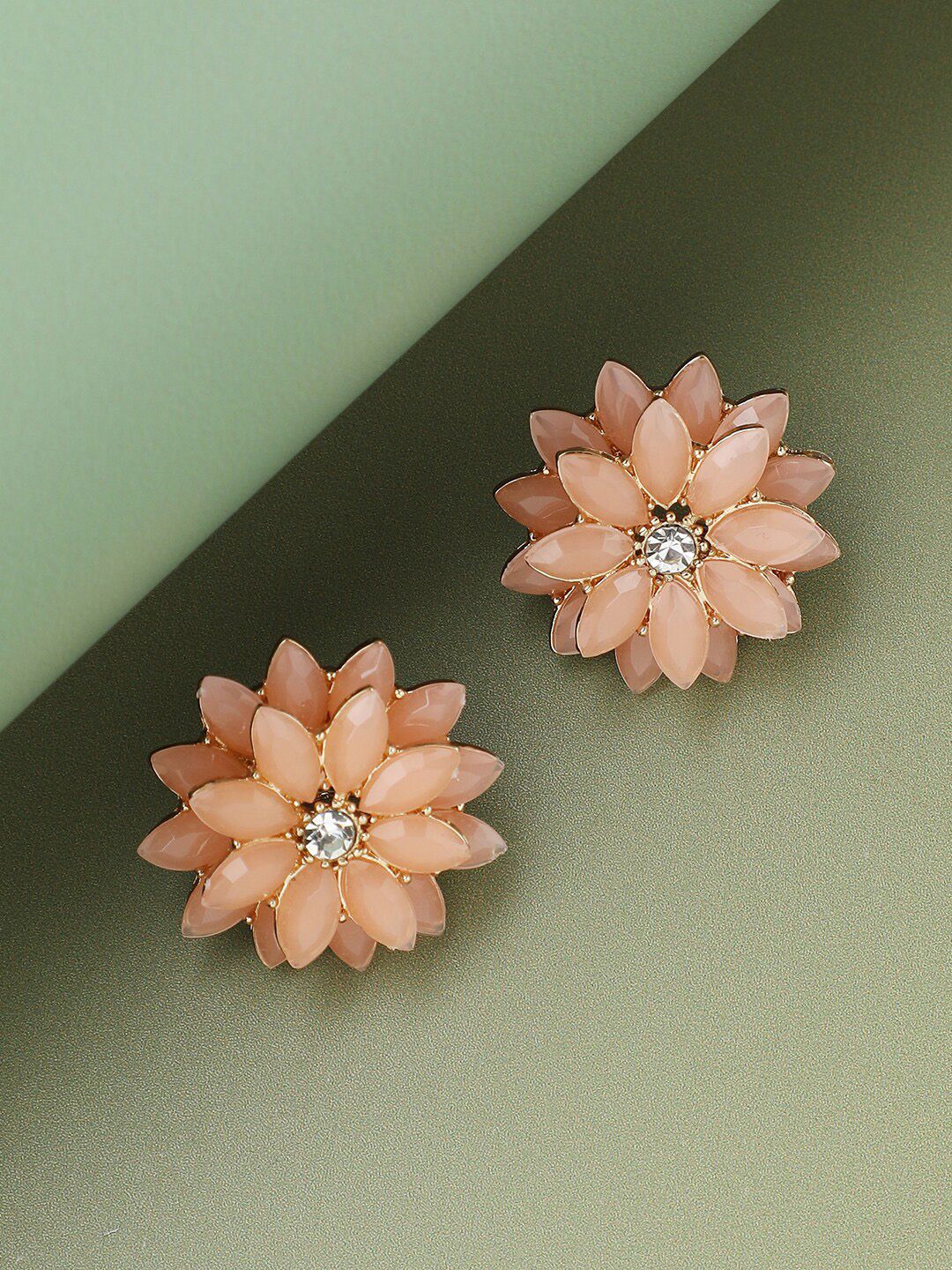 SOHI Gold-Plated Stone Peach White Floral Studs Earrings
