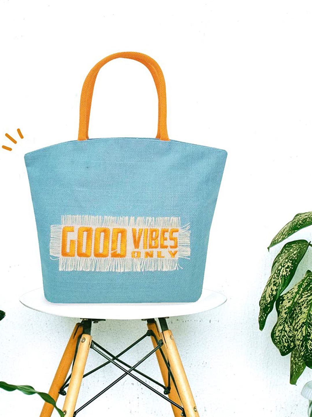 earthbags Blue Jute Embellished Oversized Shopper Tote Bag with Applique