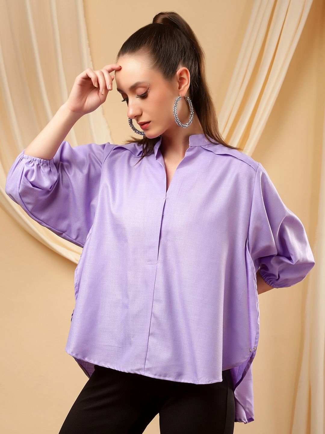 Bani Women Purple Mandarin Collar High Low 3/4 Sleeve Top