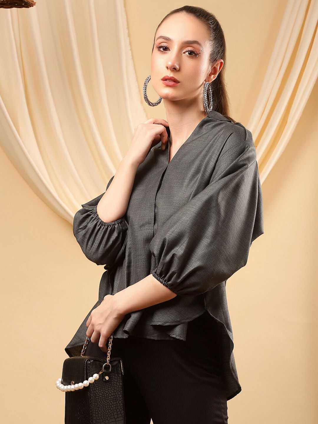 Bani Women Grey Mandarin Collar High Low 3/4 Sleeve Top