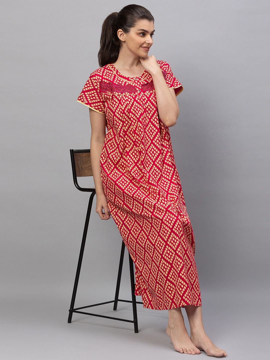 AV2 Women Red Printed Cotton Maxi Nightdress