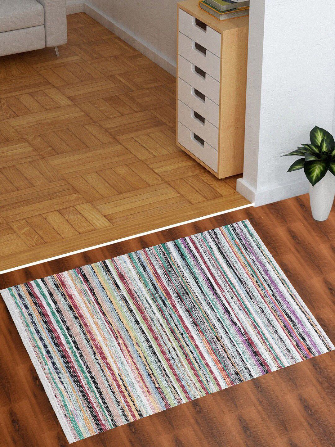 Oxolloxo Green & White Striped Woven Design Rectangle Floor Mats & Dhurries