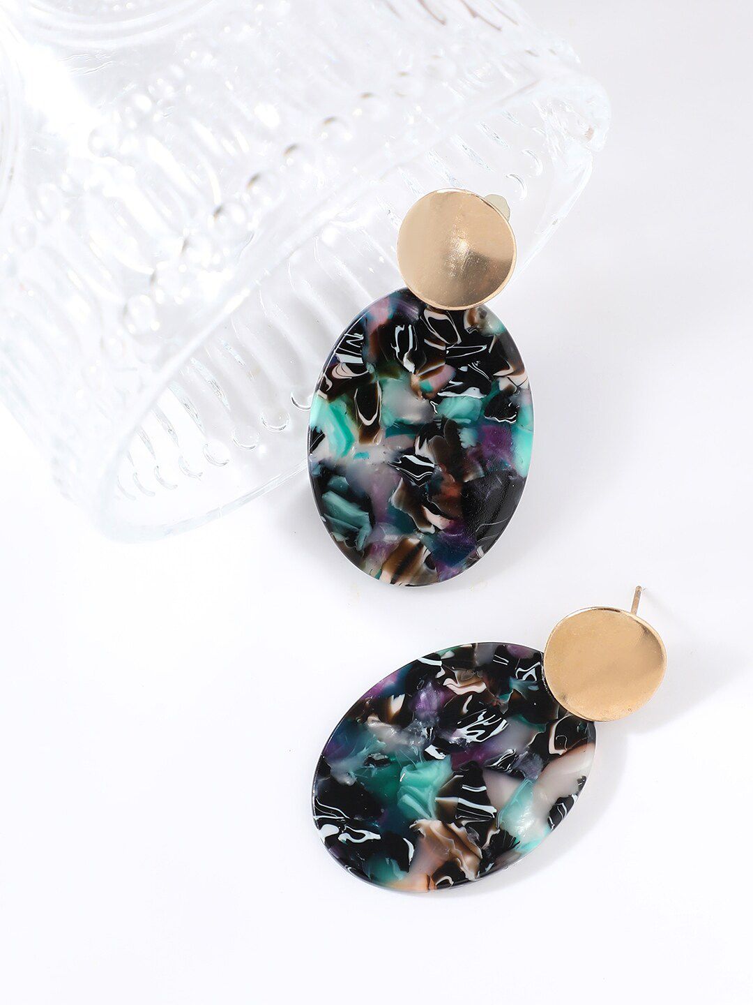 SOHI Women Gold Plated Black & Green Oval Drop Earrings
