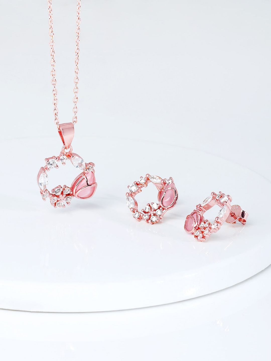GIVA White 925 Silver Rose Gold Drop Wreath Pendant Set Studded Jewellery
