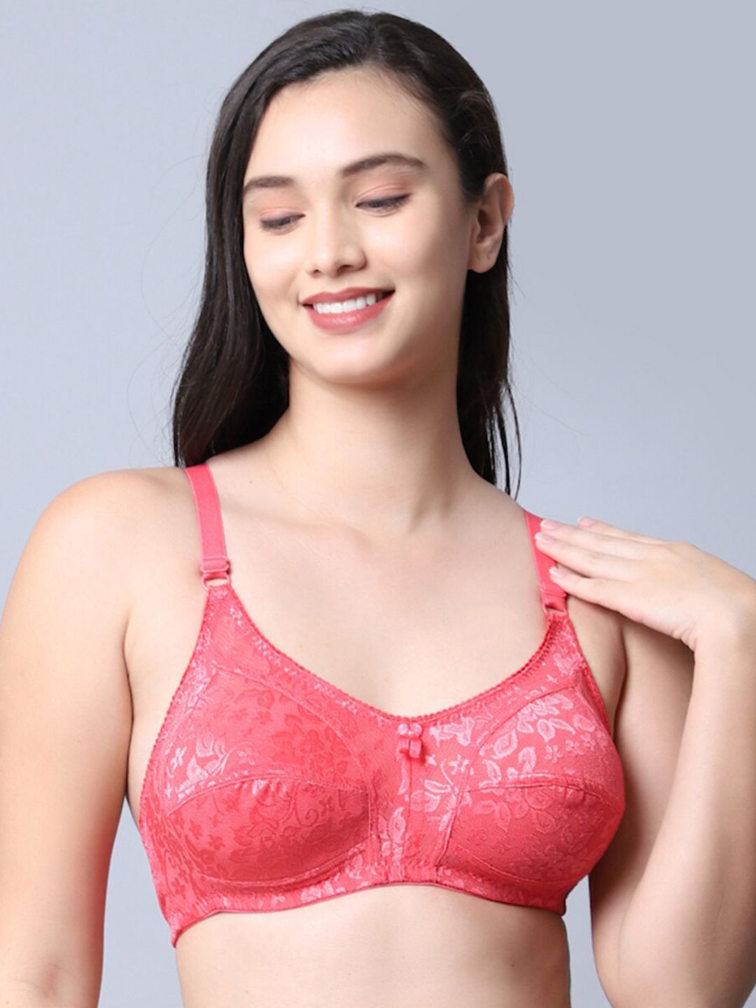 Jinfo Peach-Coloured Floral Non Wired Non Padded Bra