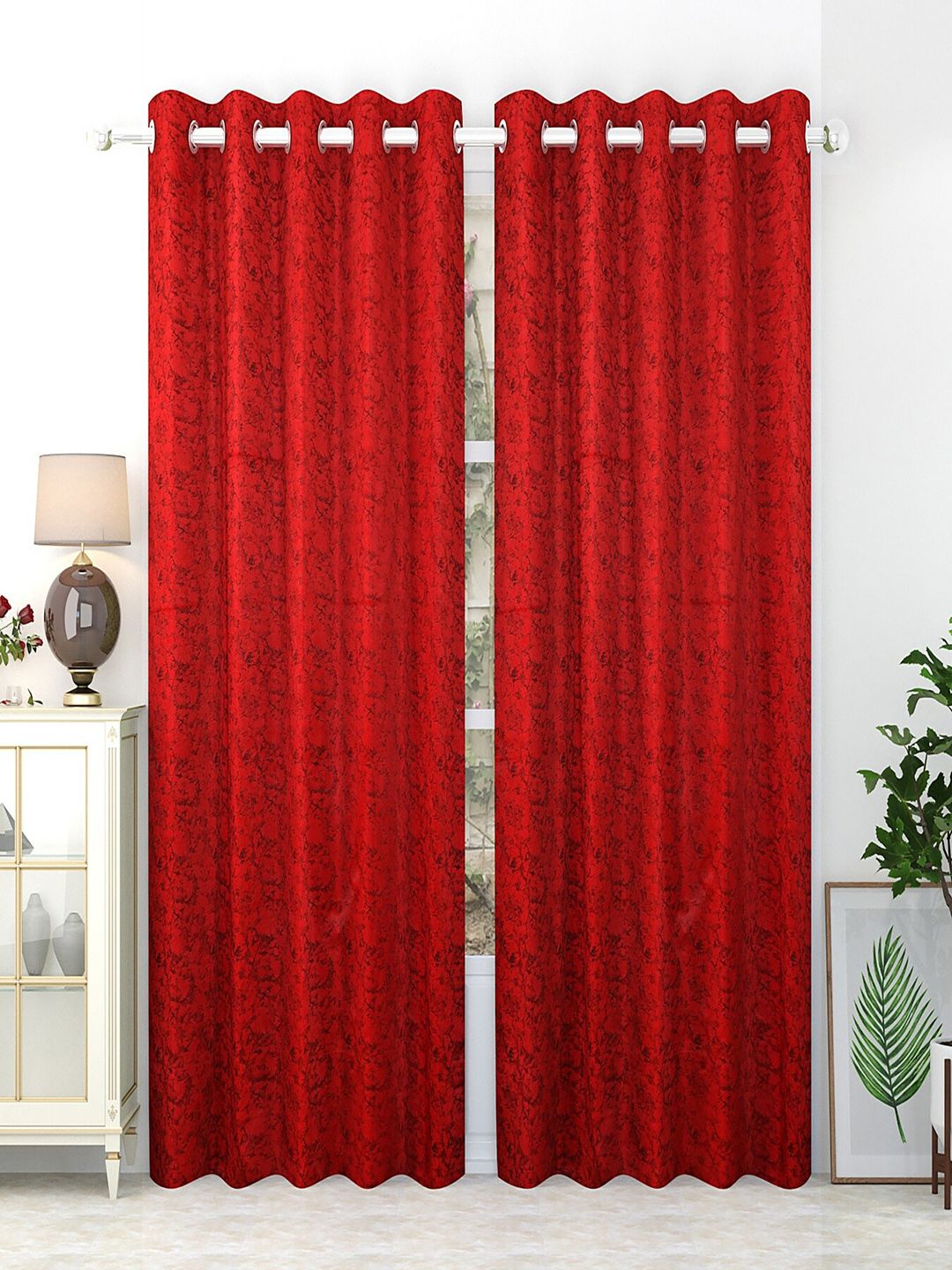 Homefab India Maroon & Black Set of 2 Room Darkening Door Curtains 7 Feet