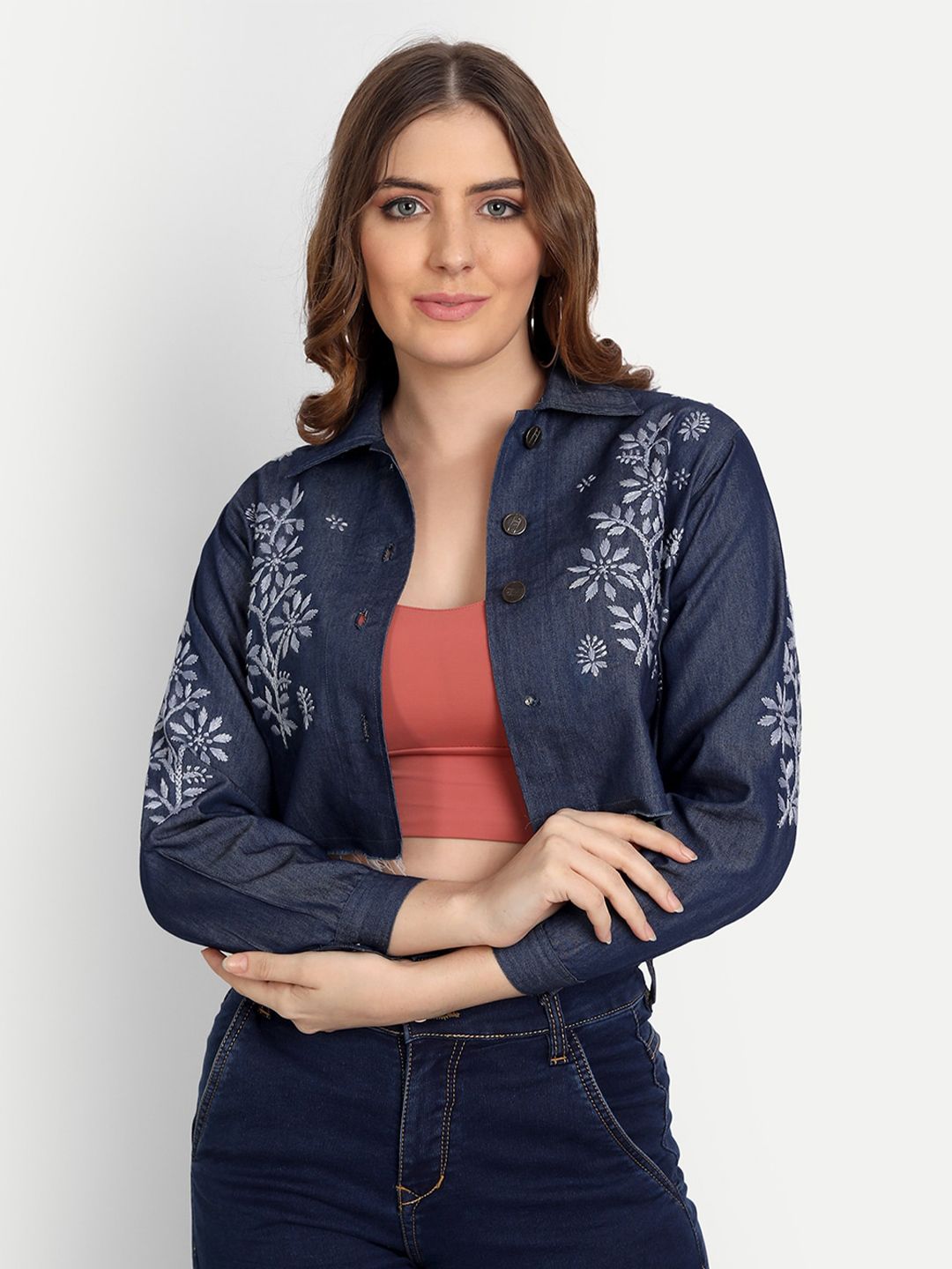 Indiankala4u Women Soft Denim Chikankari Embroidered Crop Jacket Top