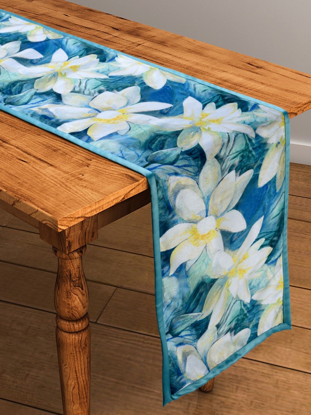 SWAYAM Blue & White 72" x 12" Polycotton Floral Print Table Runner