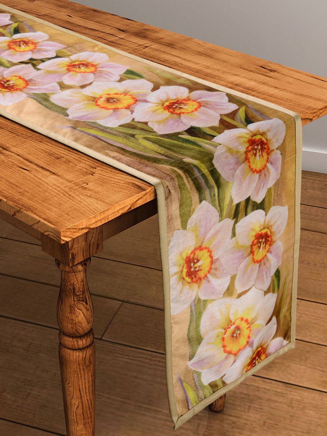 SWAYAM Beige 72" x 12" Polycotton Floral Print Table Runner
