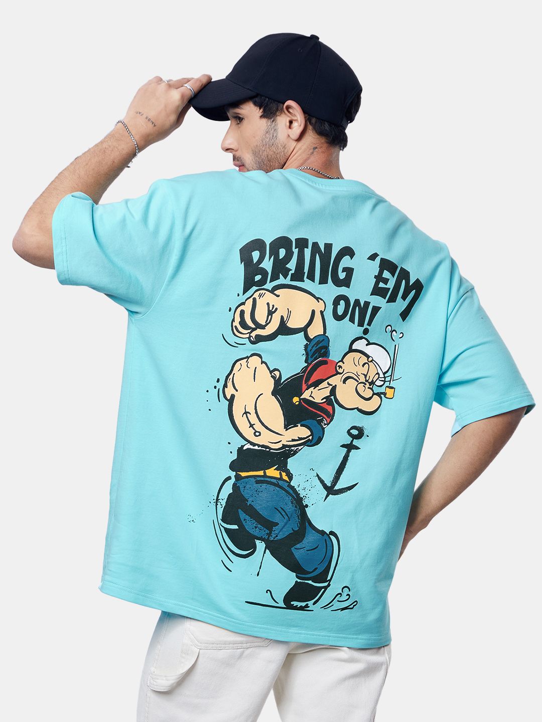 The Souled Store Men Oversized Fit Popeye Printed Turquoise Blue T-Shirts