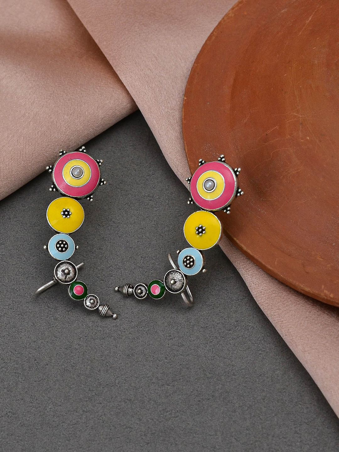 Buy Folklore Enamelled Silver Toned Cuff Earrings -  - Accessories for Women