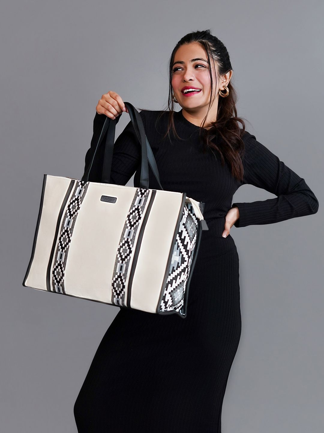 Nestasia Black Textured Structured Tote Bag Canvas Handbag