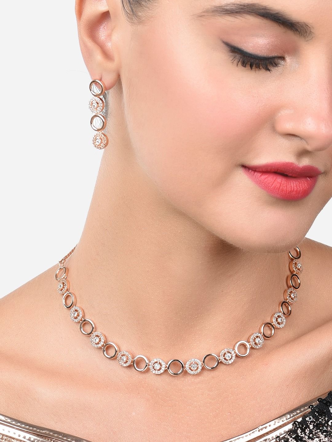 Zaveri Pearls Rose Gold-Plated Cubic Zirconia-Studded Jewellery Set