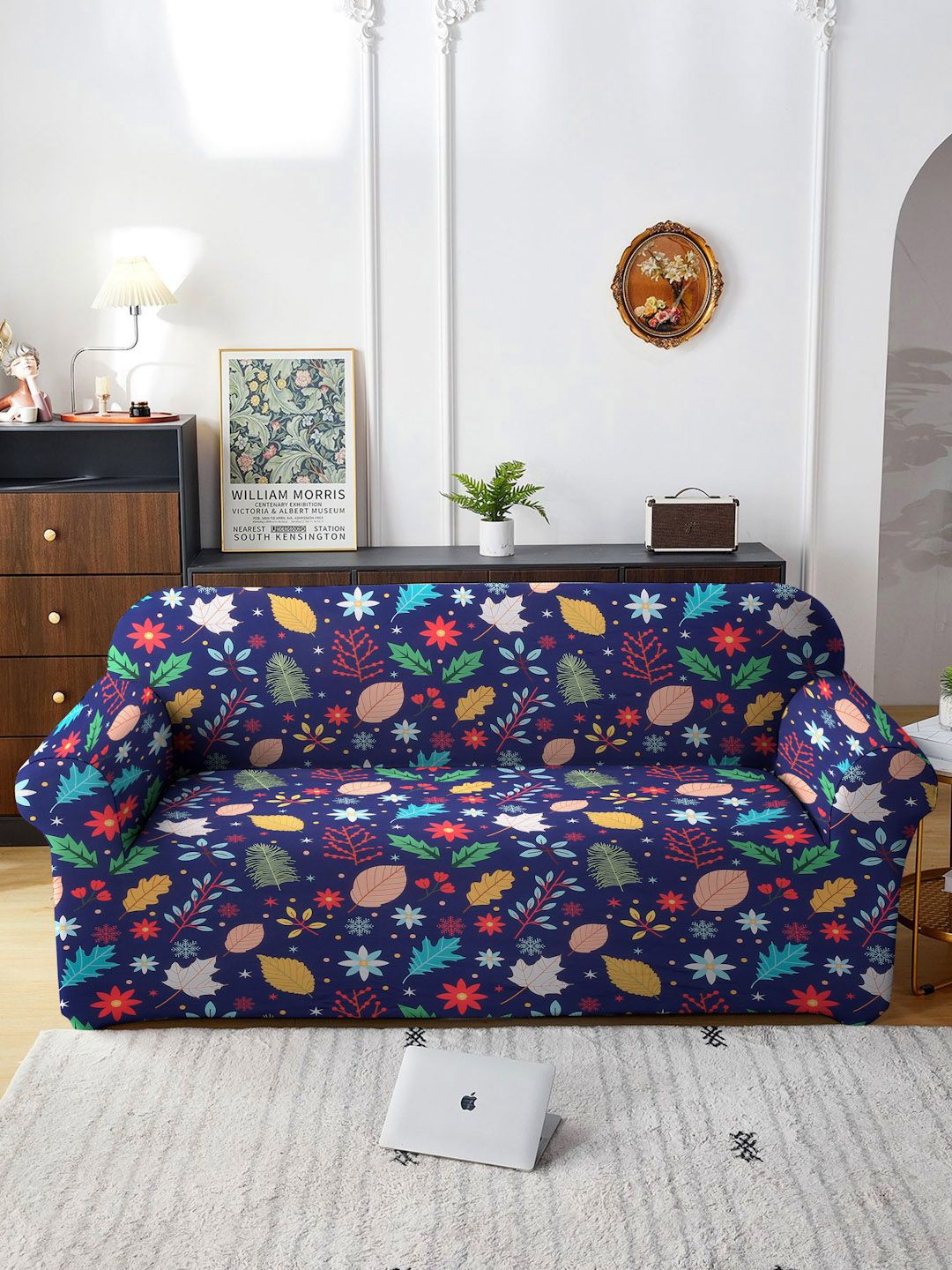 Buy Cortina Navy Blue Leaf 3 Seater Printed Sofa Cover -  - Home for Unisex