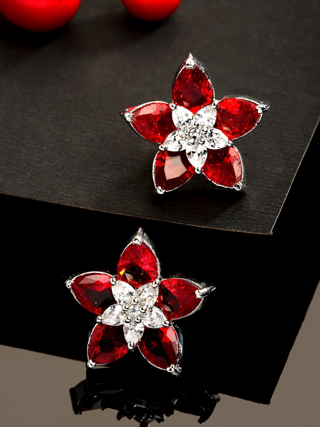 Buy ZENEME Rhodium Plated Silver Toned Red American Diamond Studded Floral Stud Earrings -  - Accessories for Women