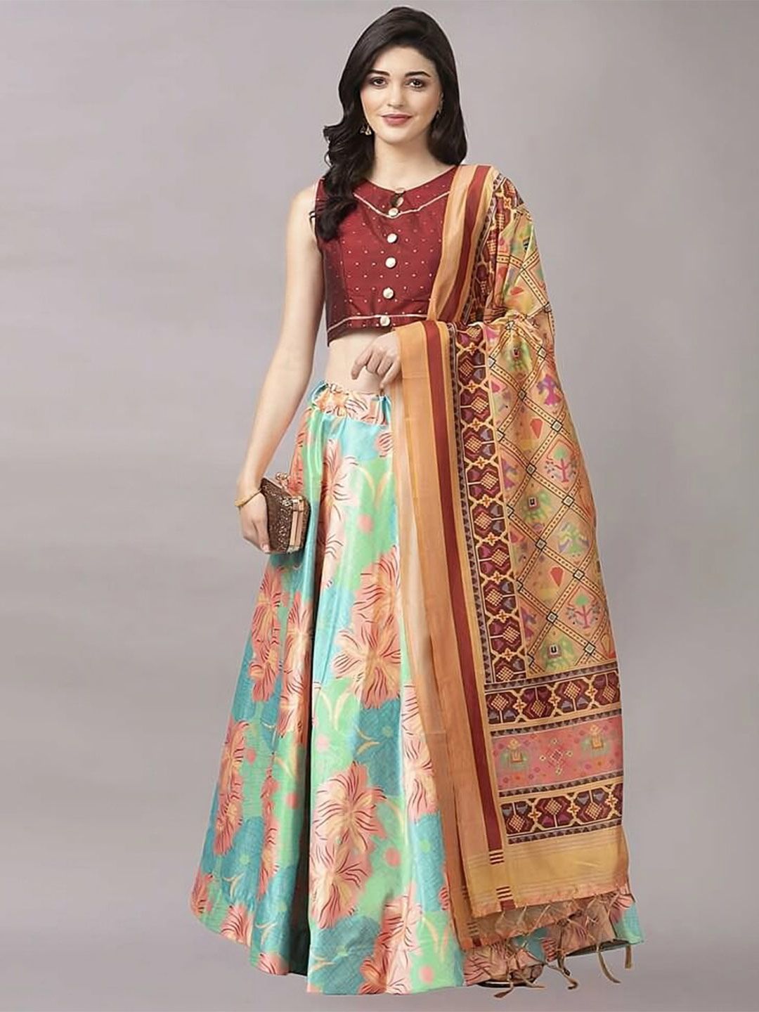Kaizen TEXO FAB Green & Maroon Printed Sequinned Semi-Stitched Lehenga Choli
