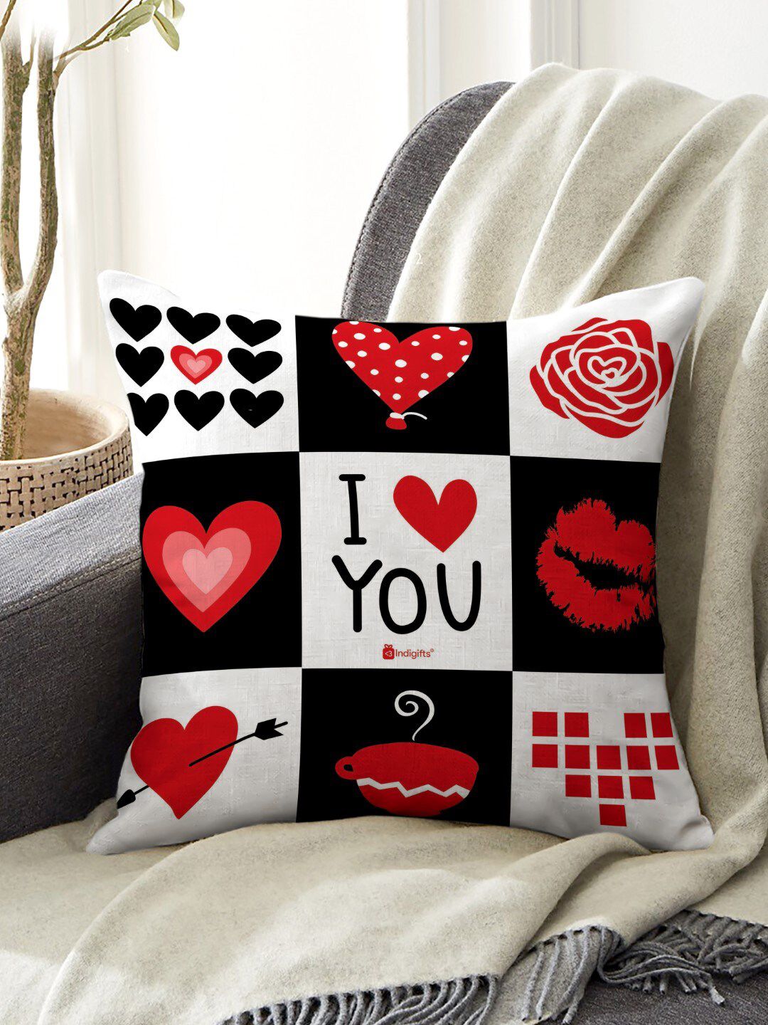 Indigifts Red & White Valentine Quotes Digital Printed Cushion With Filler