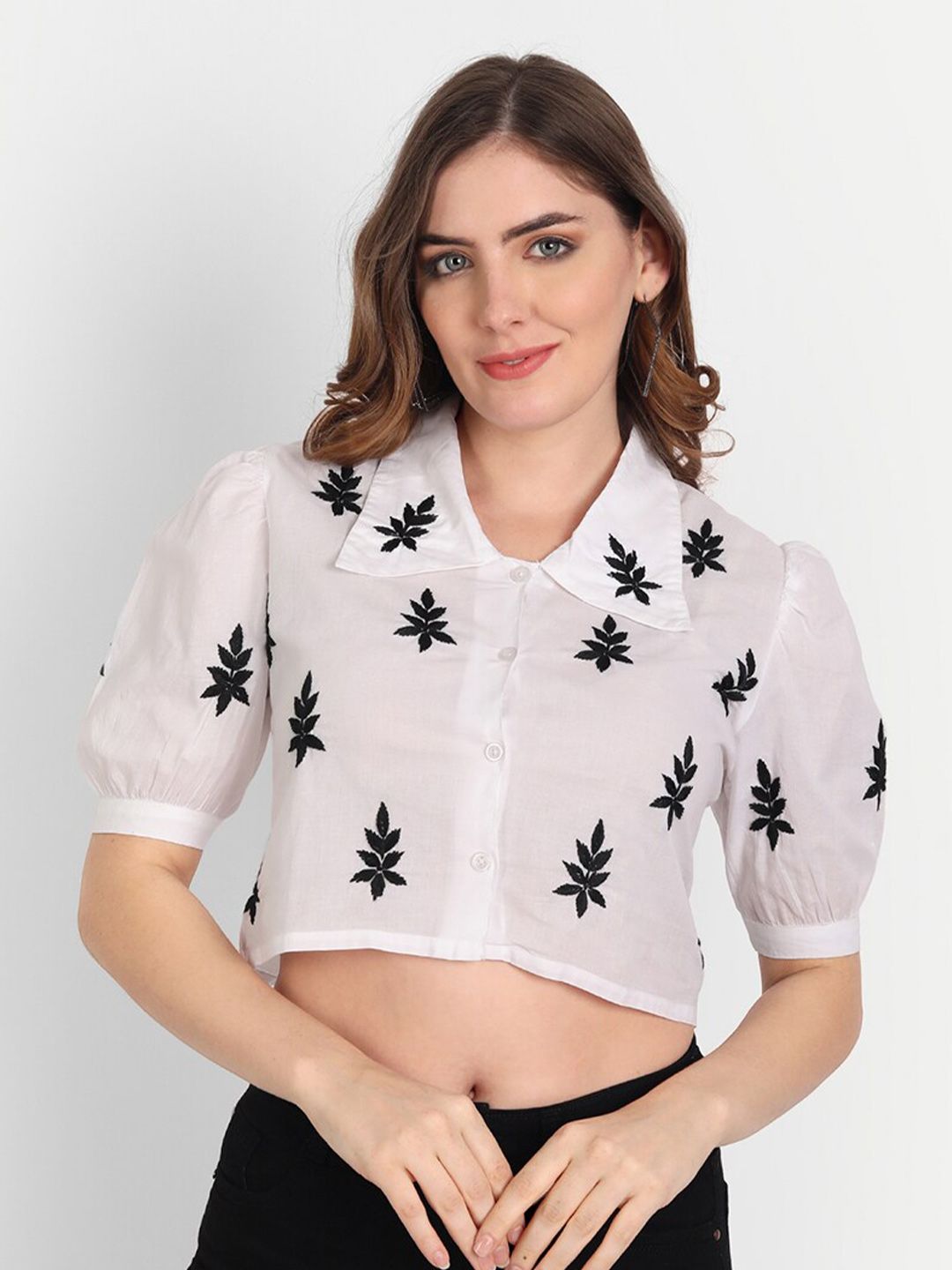 Indiankala4u Women Pure Cotton Chikankari Embroidered Shirt Style Crop Top