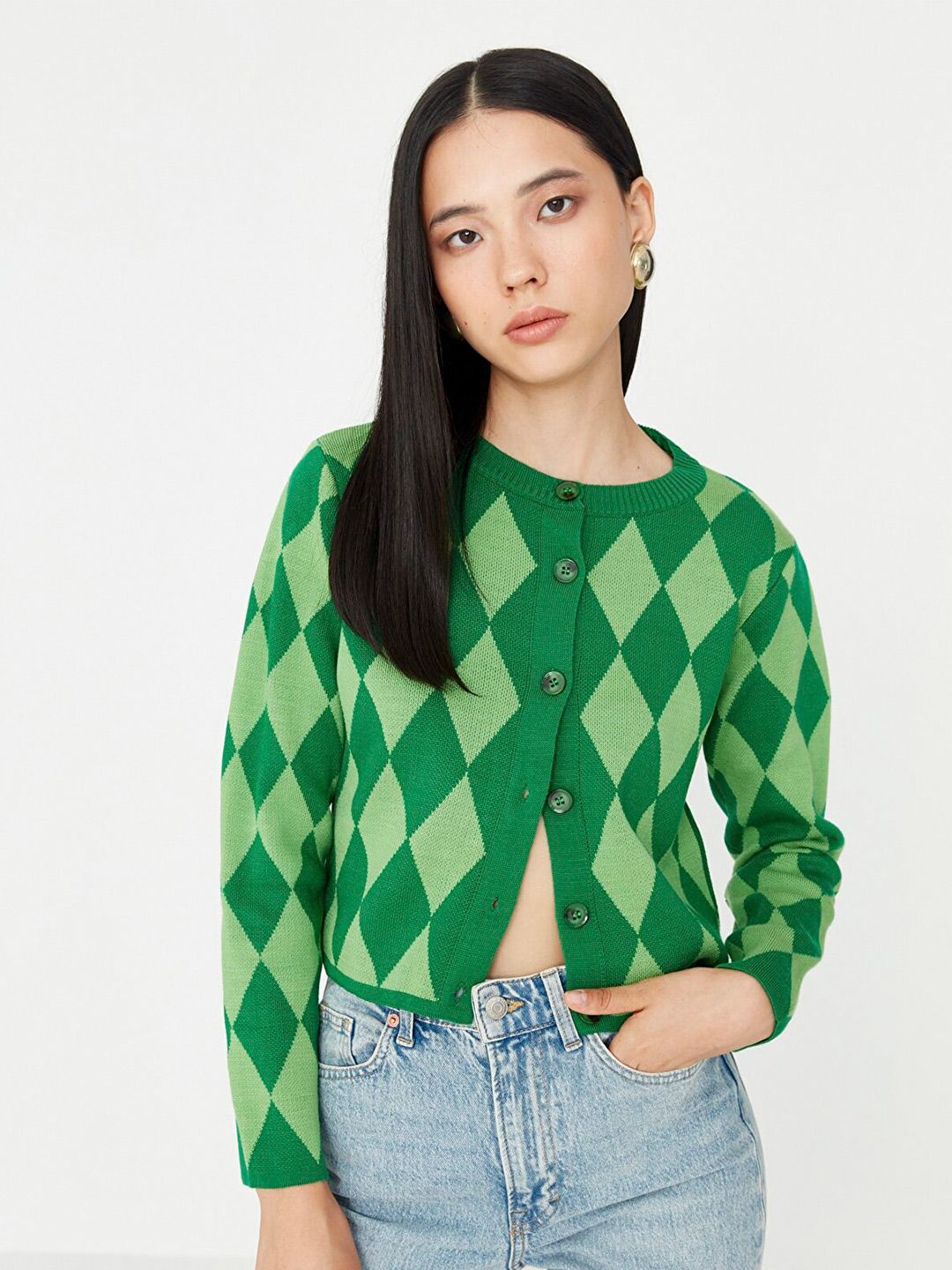 Trendyol Women Argyle Printed Crop Acrylic Cardigan Sweater