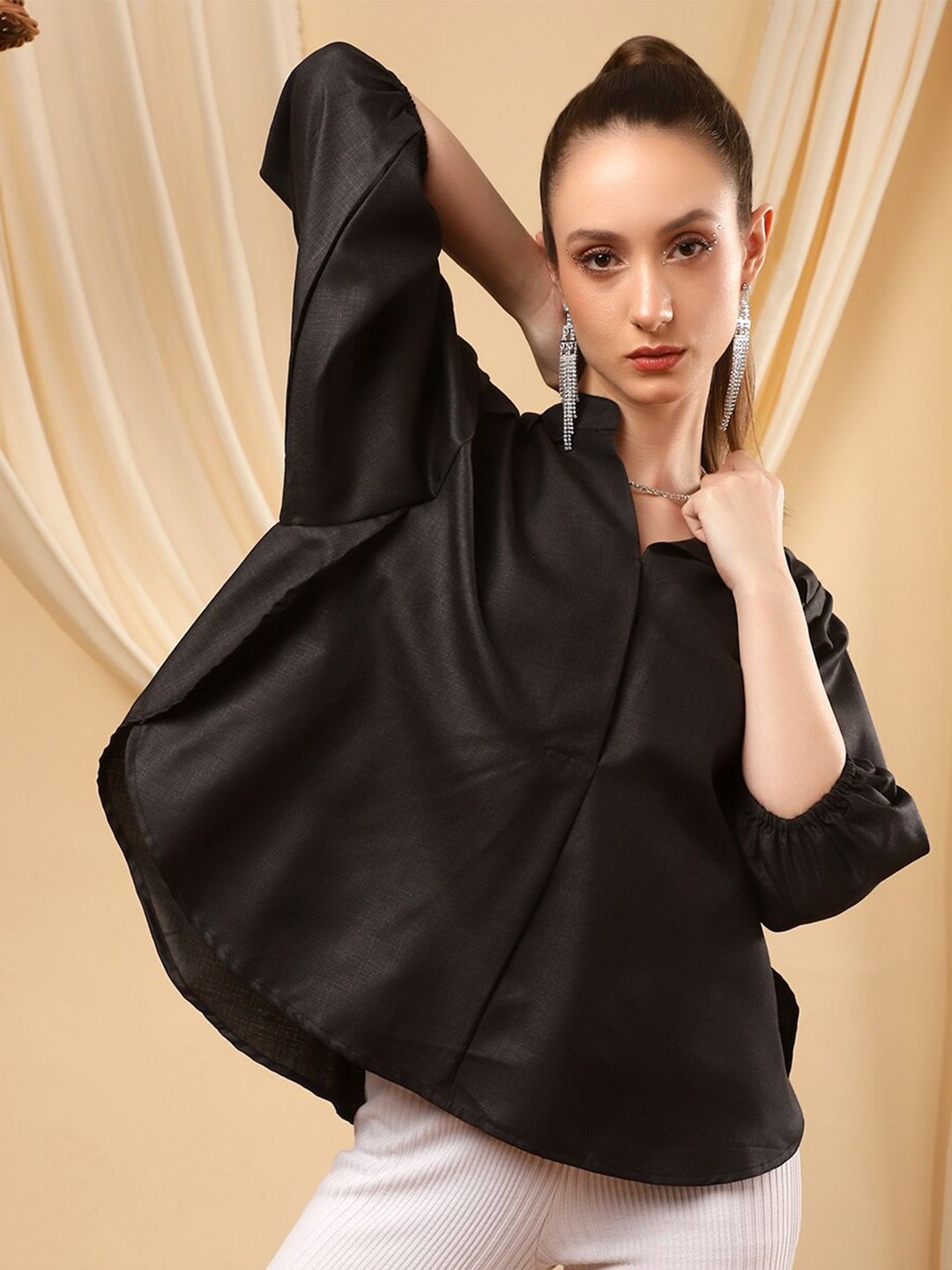 Bani Women Black Mandarin Collar Regular 3/4 Sleeve Top