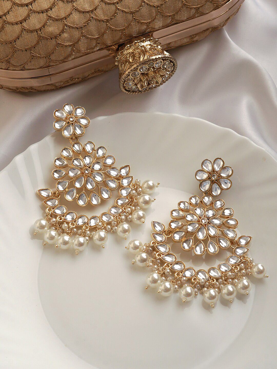 TEEJH Gold-Plated Contemporary Chandbalis Pearl Earrings